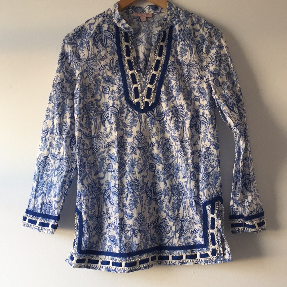 Saint Tropez West Blue and White Long Sleeve Embellished Tunic